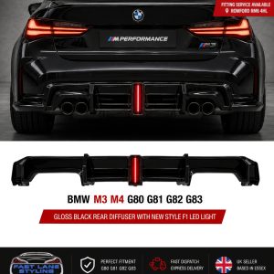 FOR BMW M3 M4 G80 G81 G82 G83 GLOSS BLACK REAR DIFFUSER WITH F1 LED LIGHT