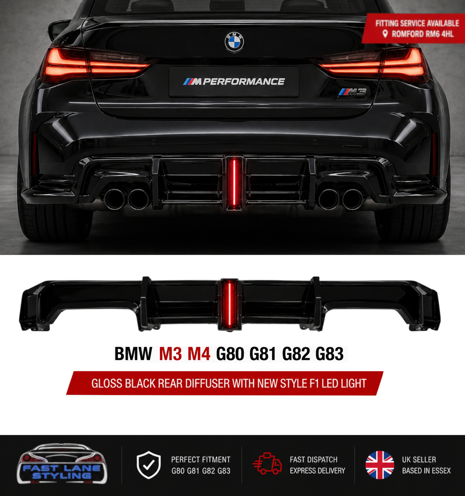 FOR BMW M3 M4 G80 G81 G82 G83 GLOSS BLACK REAR DIFFUSER WITH F1 LED LIGHT