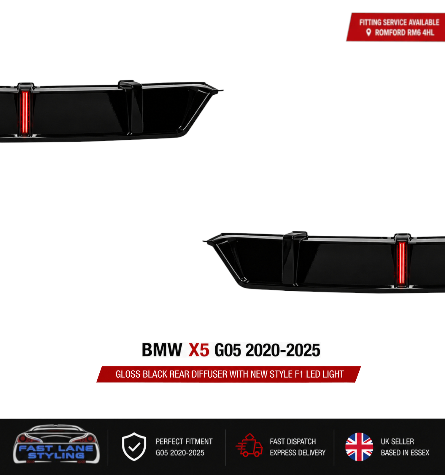 FOR BMW X5 G05 2020-2025 GLOSS BLACK REAR DIFFUSER WITH NEW STYLE F1 LED LIGHT - Image 2
