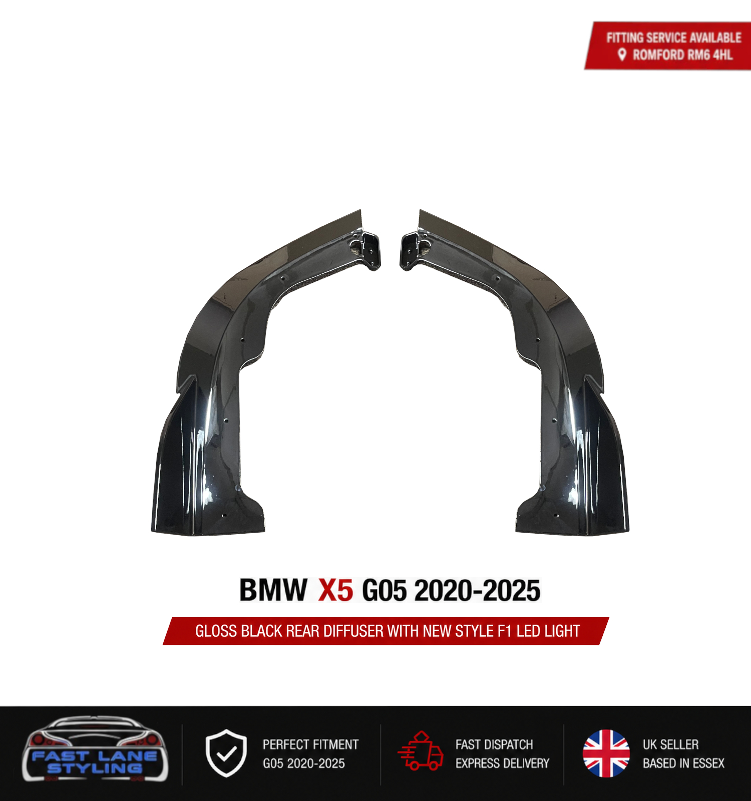 FOR BMW X5 G05 2020-2025 GLOSS BLACK REAR DIFFUSER WITH NEW STYLE F1 LED LIGHT - Image 3