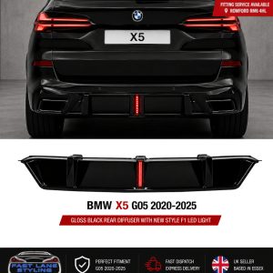FOR BMW X5 G05 2020-2025 GLOSS BLACK REAR DIFFUSER WITH NEW STYLE F1 LED LIGHT