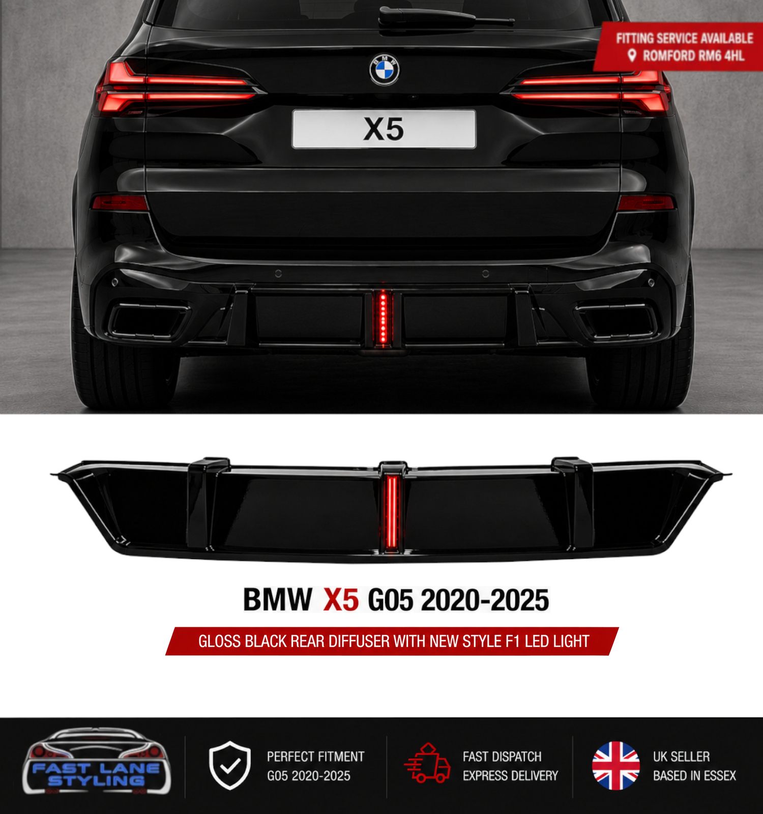 FOR BMW X5 G05 2020-2025 GLOSS BLACK REAR DIFFUSER WITH NEW STYLE F1 LED LIGHT