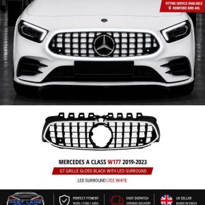 FOR MERCEDES A CLASS W177 2019-2023 GT GRILLE GLOSS BLACK W/ LED LIGHT UP 6000K