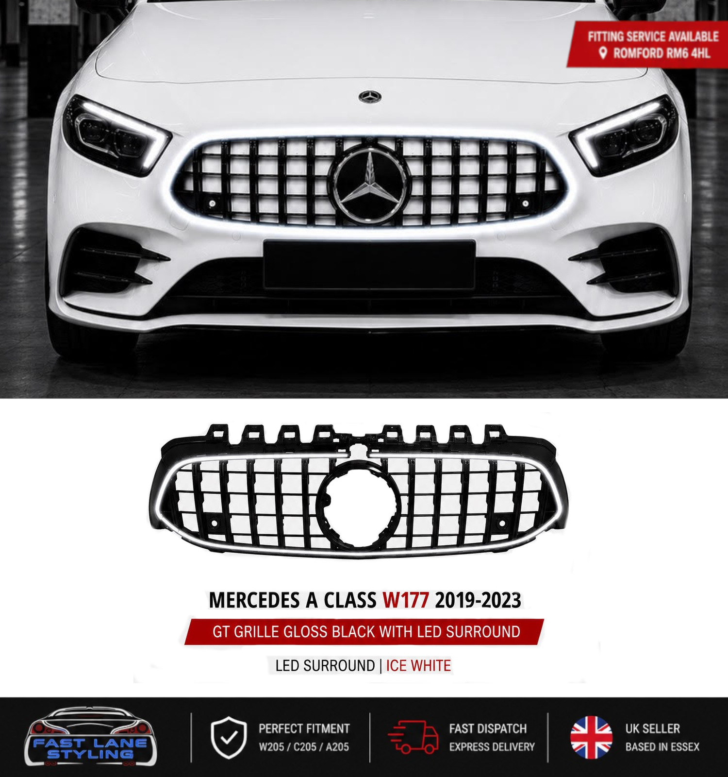 FOR MERCEDES A CLASS W177 2019-2023 GT GRILLE GLOSS BLACK W/ LED LIGHT UP 6000K