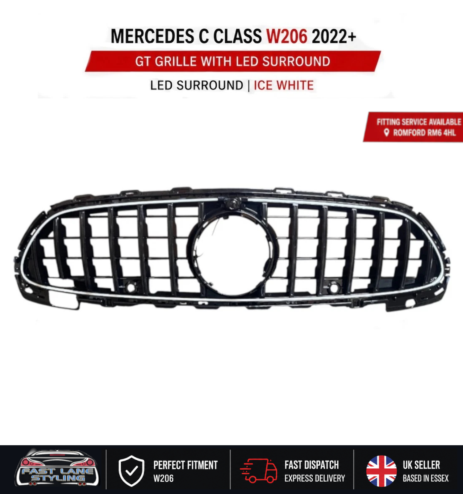 FOR MERCEDES C CLASS W206 2022+ GT GRILLE GLOSS BLACK WITH LED LIGHT UP 6000K