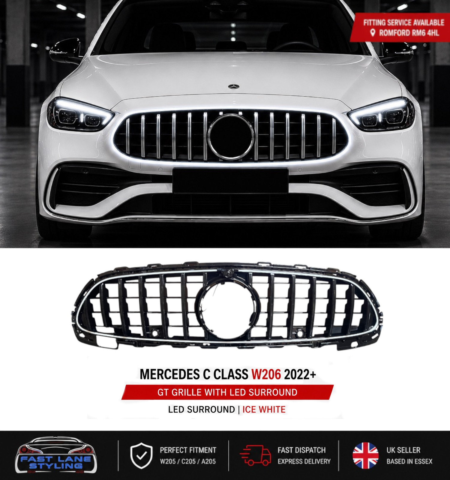 FOR MERCEDES C CLASS W206 2022+ GT GRILLE GLOSS BLACK WITH LED LIGHT UP 6000K