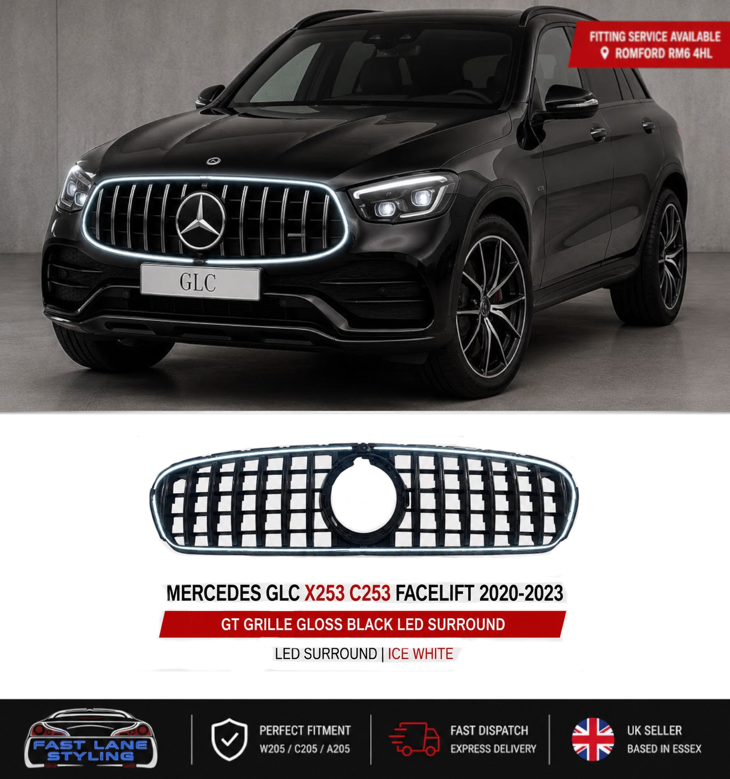 FOR MERCEDES GLC X253 C253 FACELIFT GT GRILLE GLOSS BLACK W/ LED LIGHT UP 6000K