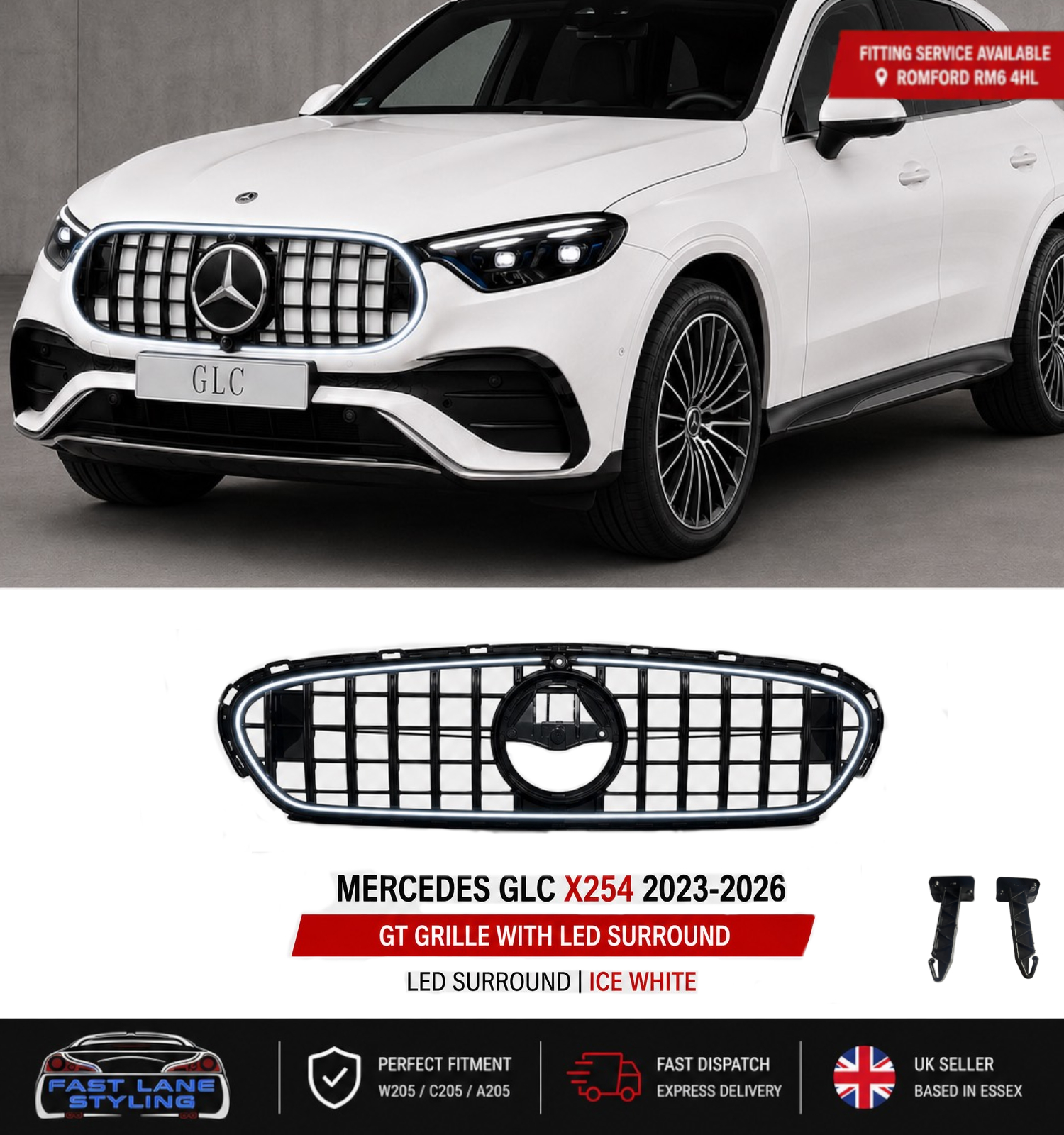 FOR MERCEDES GLC X254 2023-2026 GT GRILLE GLOSS BLACK WITH LED LIGHT UP 6000K