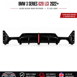 FOR BMW 3 SERIES G20 LCI ONLY 2022+ GLOSS BLACK REAR DIFFUSER WITH F1 LED LIGHT