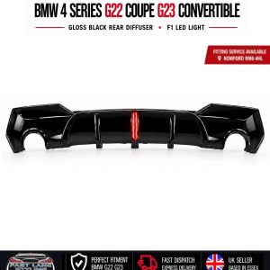 FOR BMW 4 SERIES G22 COUPE G23 CONVERTIBLE GLOSS BLACK DIFFUSER W/ F1 LED LIGHT