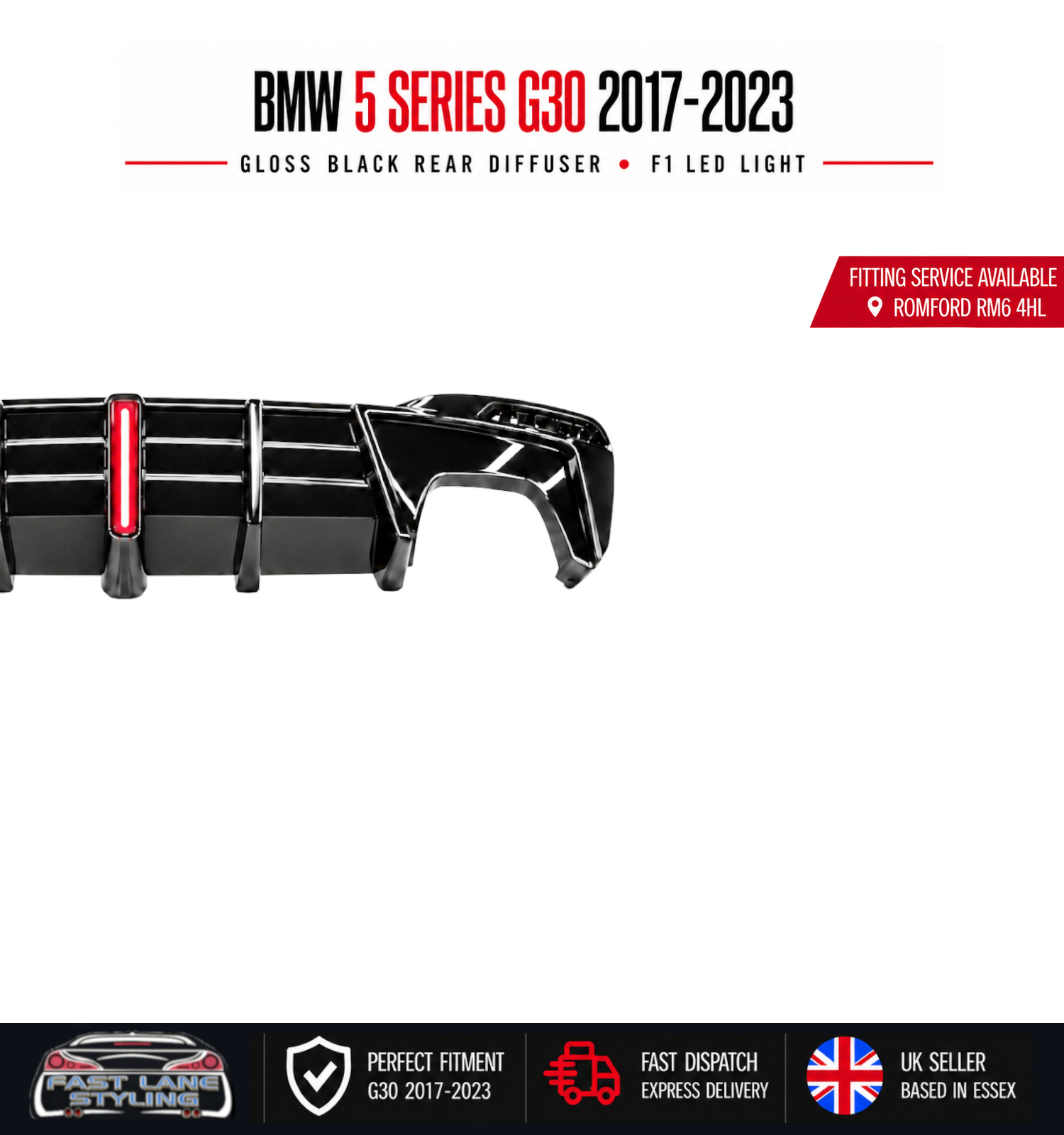 FOR BMW 5 SERIES G30 2017-2023 GLOSS BLACK REAR DIFFUSER WITH F1 LED LIGHT - Image 2