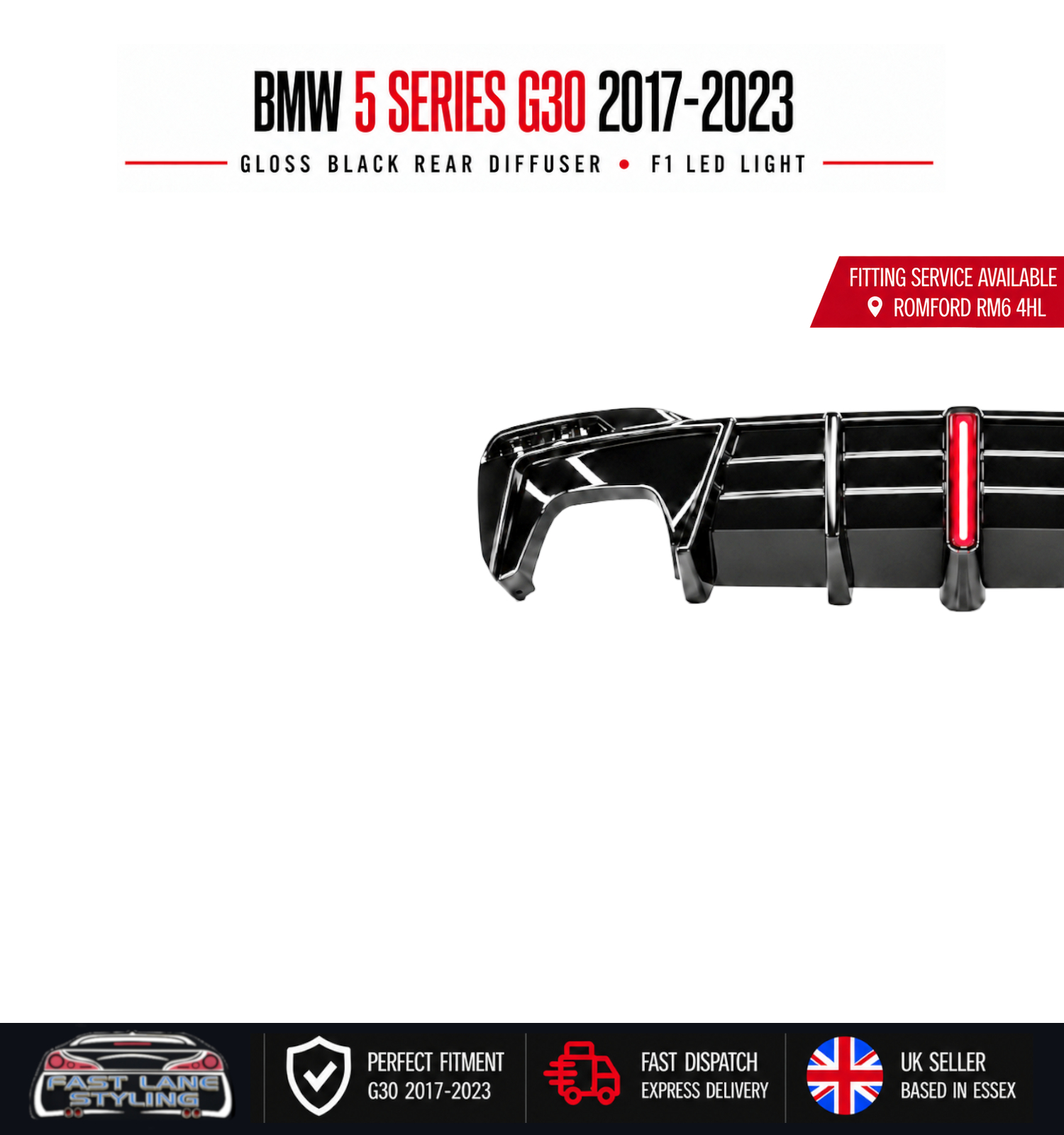 FOR BMW 5 SERIES G30 2017-2023 GLOSS BLACK REAR DIFFUSER WITH F1 LED LIGHT - Image 3