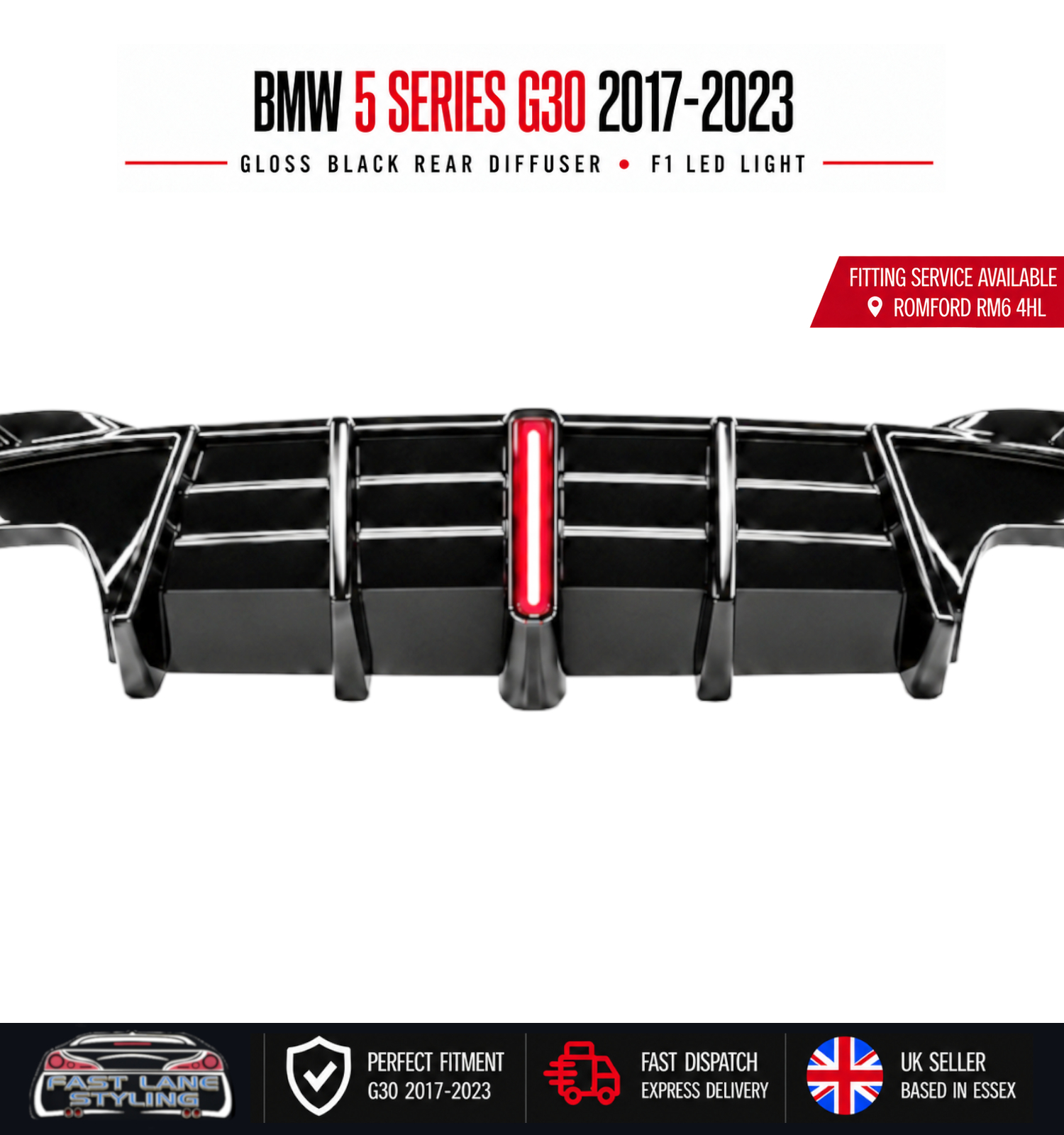 FOR BMW 5 SERIES G30 2017-2023 GLOSS BLACK REAR DIFFUSER WITH F1 LED LIGHT - Image 4