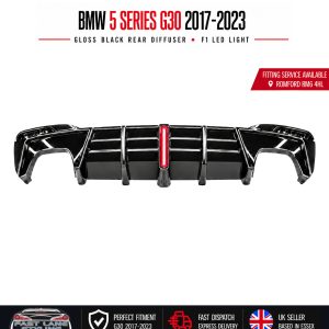 FOR BMW 5 SERIES G30 2017-2023 GLOSS BLACK REAR DIFFUSER WITH F1 LED LIGHT