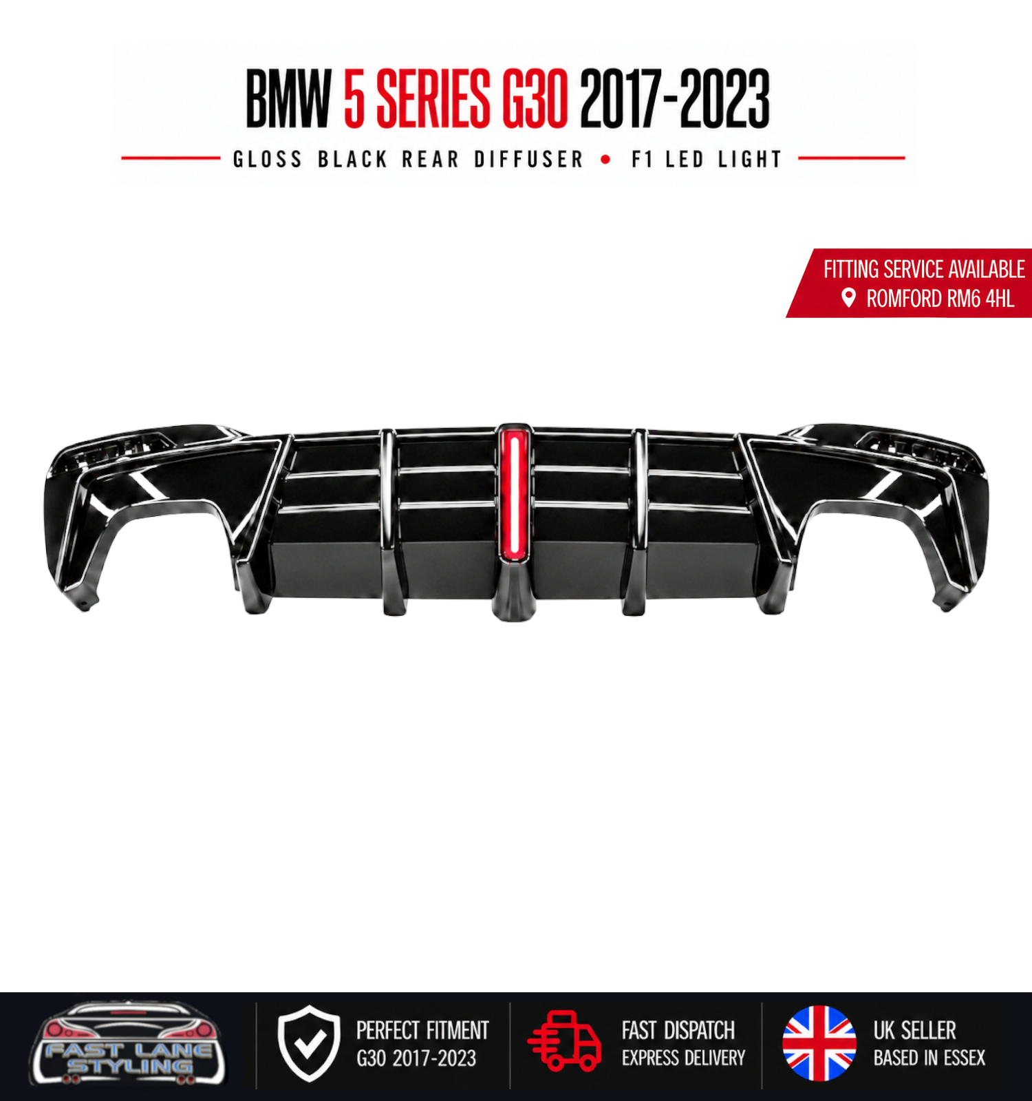 FOR BMW 5 SERIES G30 2017-2023 GLOSS BLACK REAR DIFFUSER WITH F1 LED LIGHT