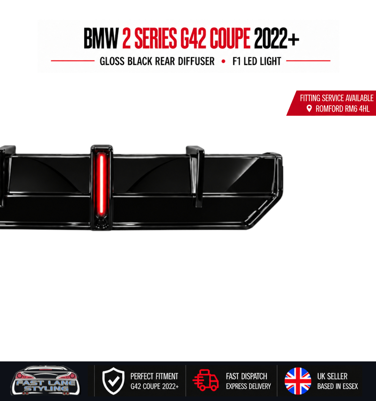 FOR BMW 2 SERIES G42 COUPE 2022+ GLOSS BLACK REAR DIFFUSER WITH F1 LED LIGHT - Image 2