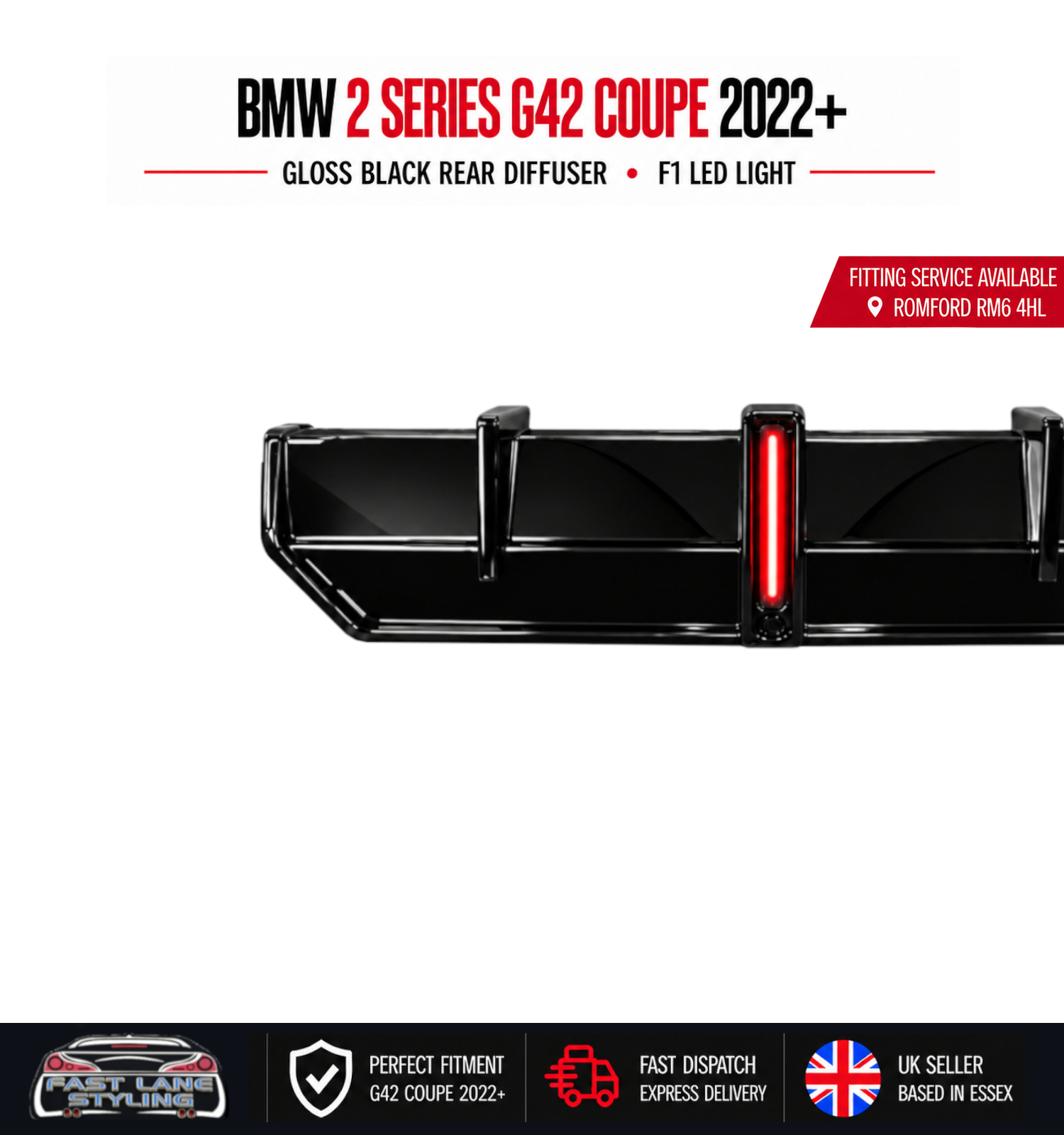 FOR BMW 2 SERIES G42 COUPE 2022+ GLOSS BLACK REAR DIFFUSER WITH F1 LED LIGHT - Image 3