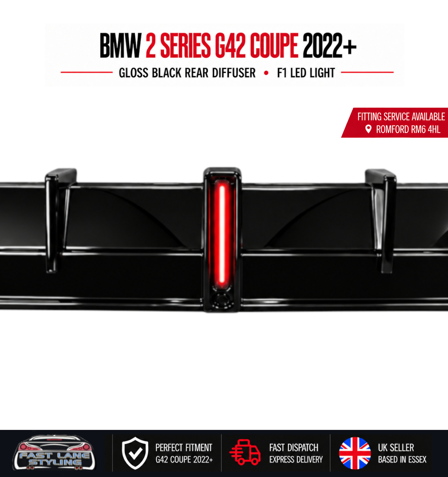 FOR BMW 2 SERIES G42 COUPE 2022+ GLOSS BLACK REAR DIFFUSER WITH F1 LED LIGHT - Image 4