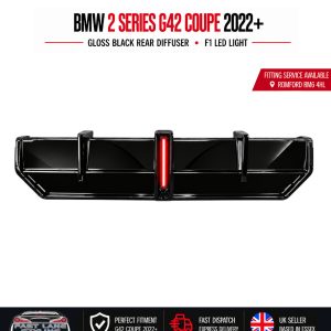 FOR BMW 2 SERIES G42 COUPE 2022+ GLOSS BLACK REAR DIFFUSER WITH F1 LED LIGHT