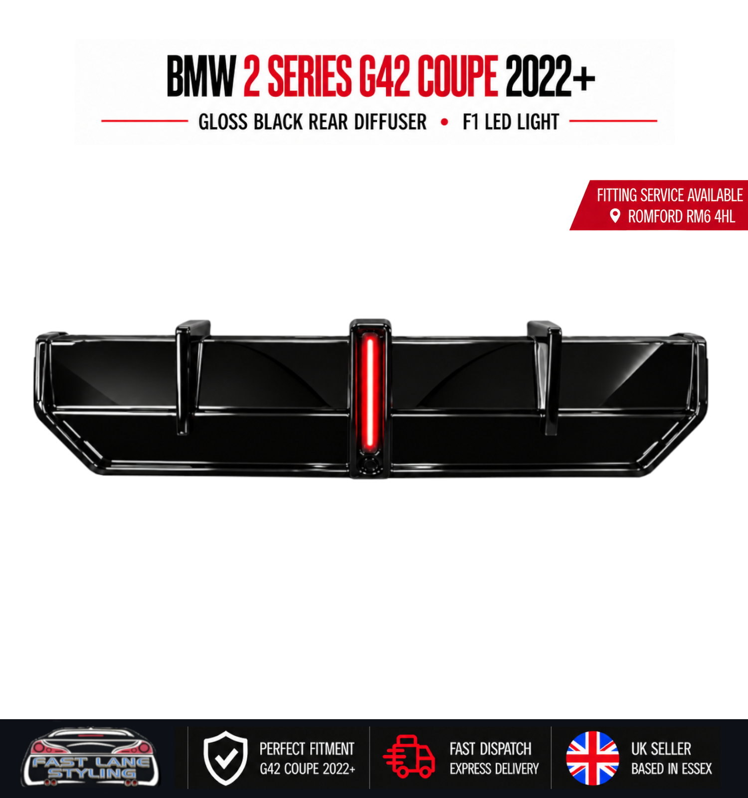 FOR BMW 2 SERIES G42 COUPE 2022+ GLOSS BLACK REAR DIFFUSER WITH F1 LED LIGHT