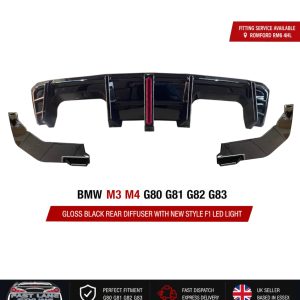 FOR BMW M3 M4 G80 G81 G82 G83 GLOSS BLACK REAR DIFFUSER WITH F1 LED LIGHT