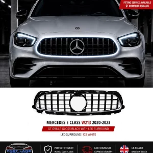 FOR MERCEDES E CLASS W213 C238 A238 2020-23 GT GRILLE GLOSS BLACK W/ LIGHT UP LED 6000K