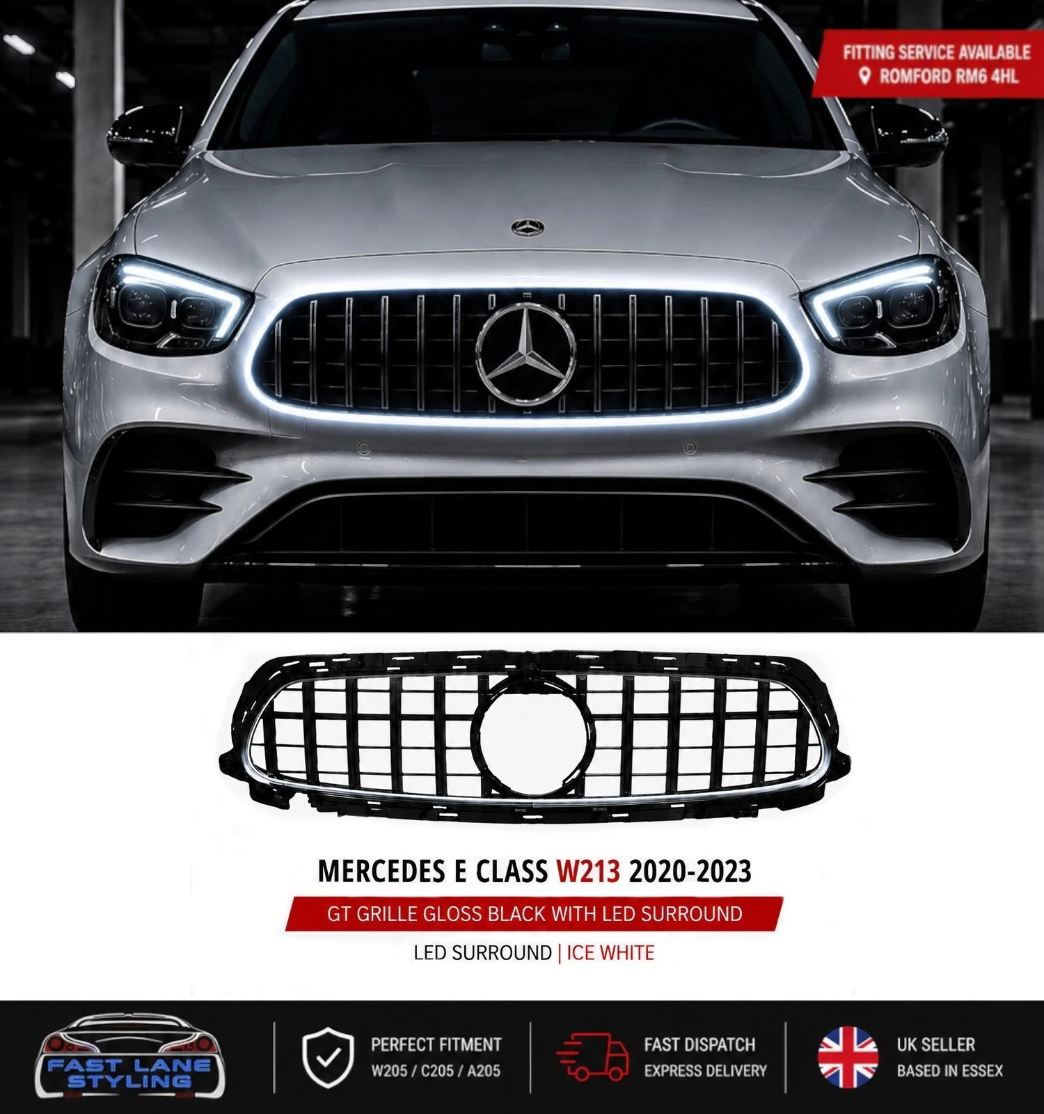 FOR MERCEDES E CLASS W213 C238 A238 2020-23 GT GRILLE GLOSS BLACK W/ LIGHT UP LED 6000K