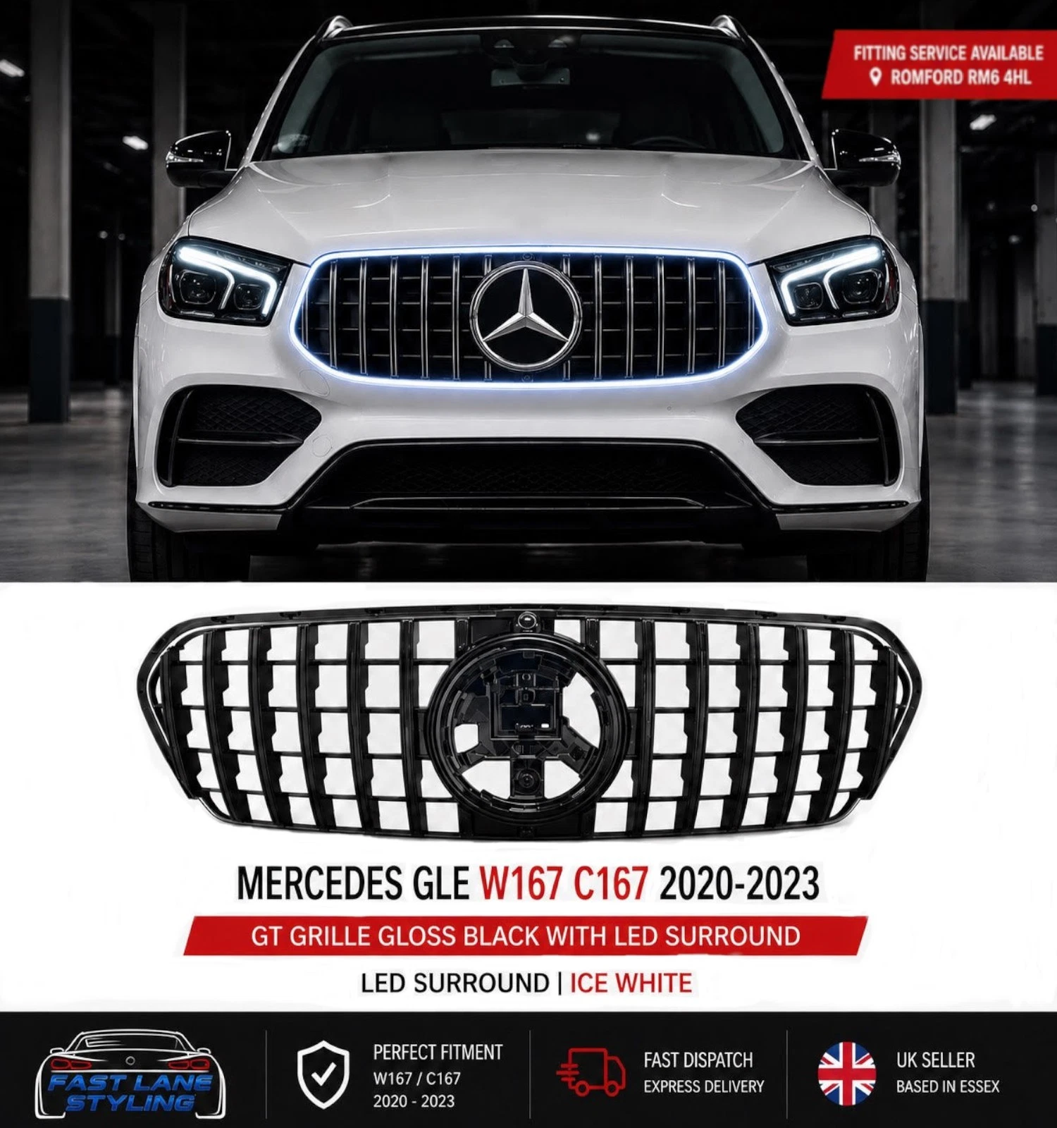 FOR MERCEDES GLE W167 C167 2020-2023 GT GRILLE GLOSS BLACK W/ LIGHT UP LED 6000K