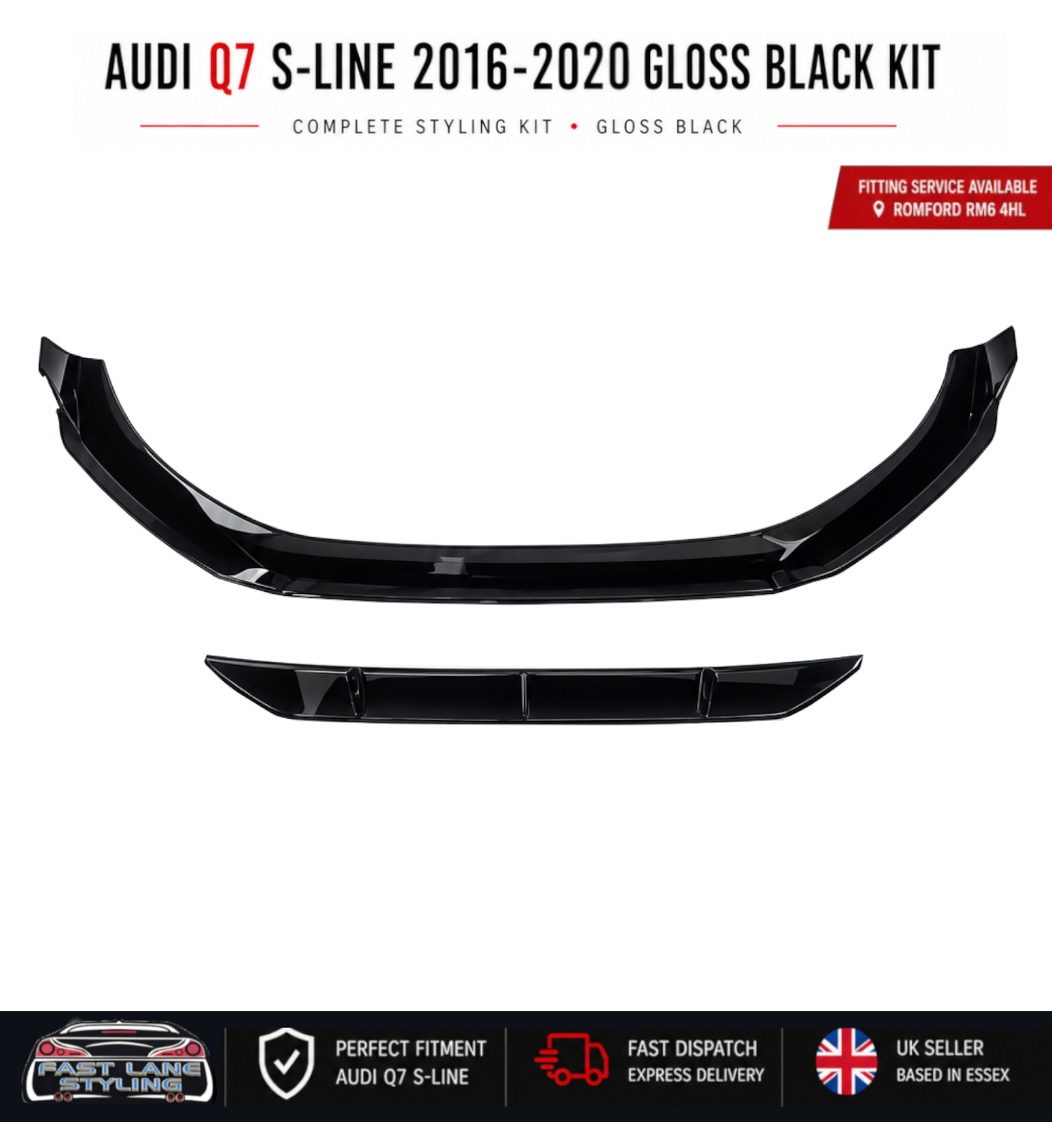 FOR AUDI Q7 S-LINE 2016-2020 GLOSS BLACK KIT SPLITTER DIFFUSER AND SPOILER - Image 2