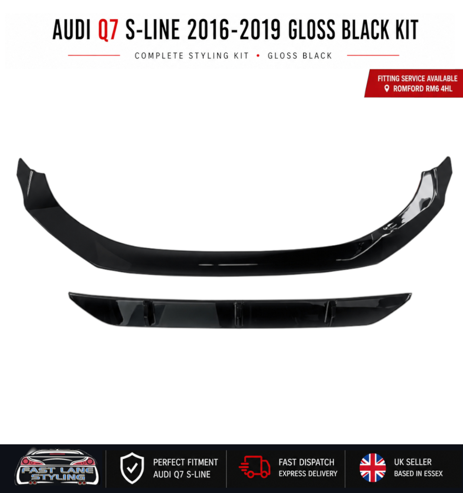 FOR AUDI Q7 S-LINE 2016-2019 GLOSS BLACK KIT SPLITTER DIFFUSER AND SPOILER - Image 2