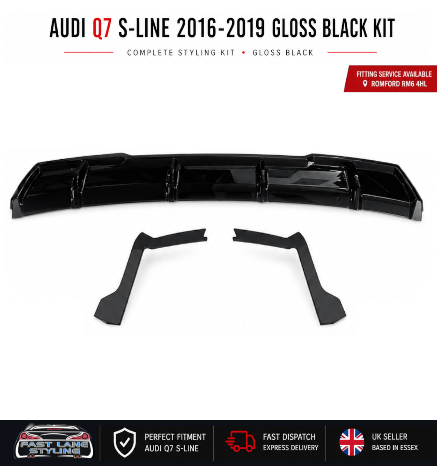 FOR AUDI Q7 S-LINE 2016-2019 GLOSS BLACK KIT SPLITTER DIFFUSER AND SPOILER - Image 3