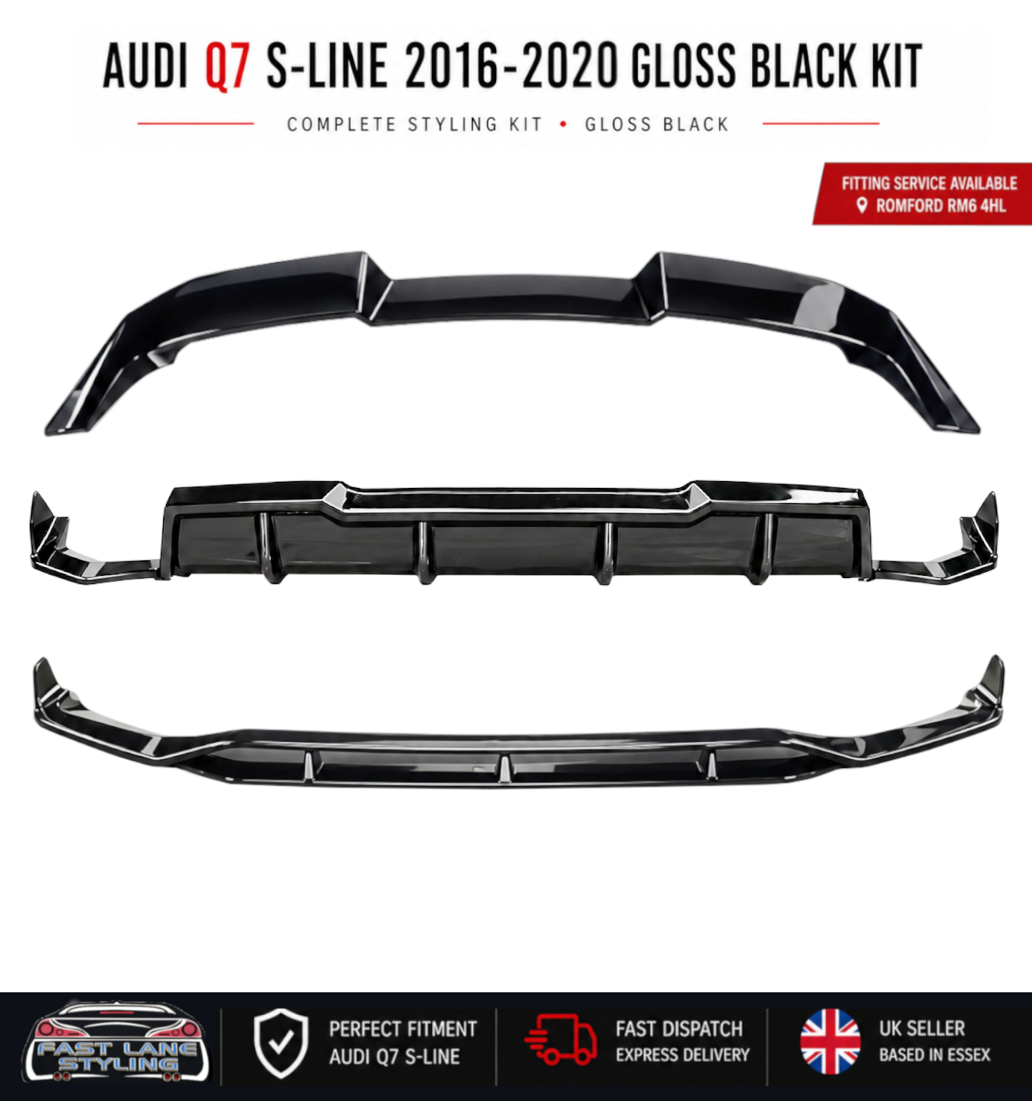 FOR AUDI Q7 S-LINE 2016-2020 GLOSS BLACK KIT SPLITTER DIFFUSER AND SPOILER