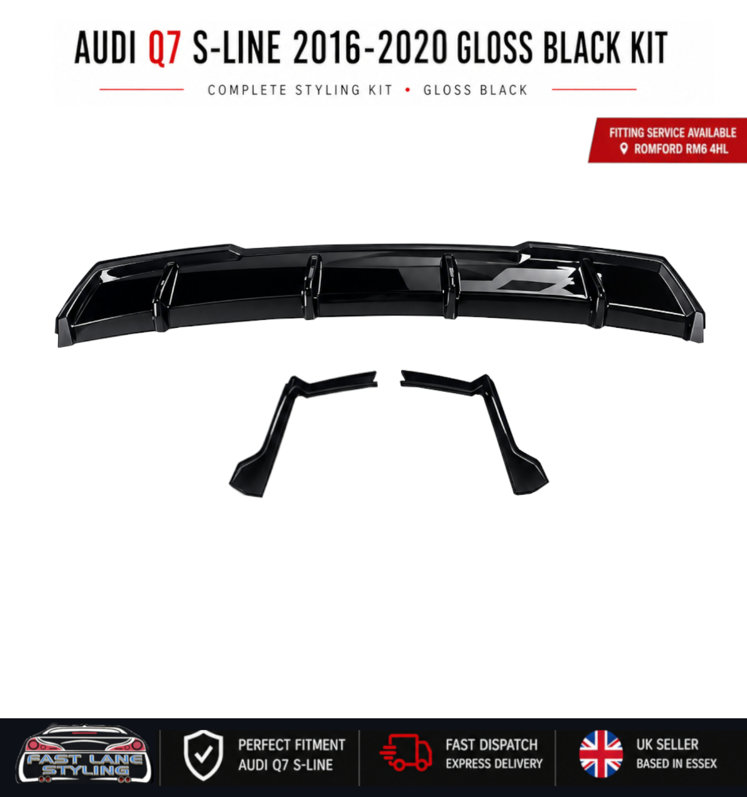 FOR AUDI Q7 S-LINE 2016-2020 GLOSS BLACK KIT SPLITTER DIFFUSER AND SPOILER - Image 4