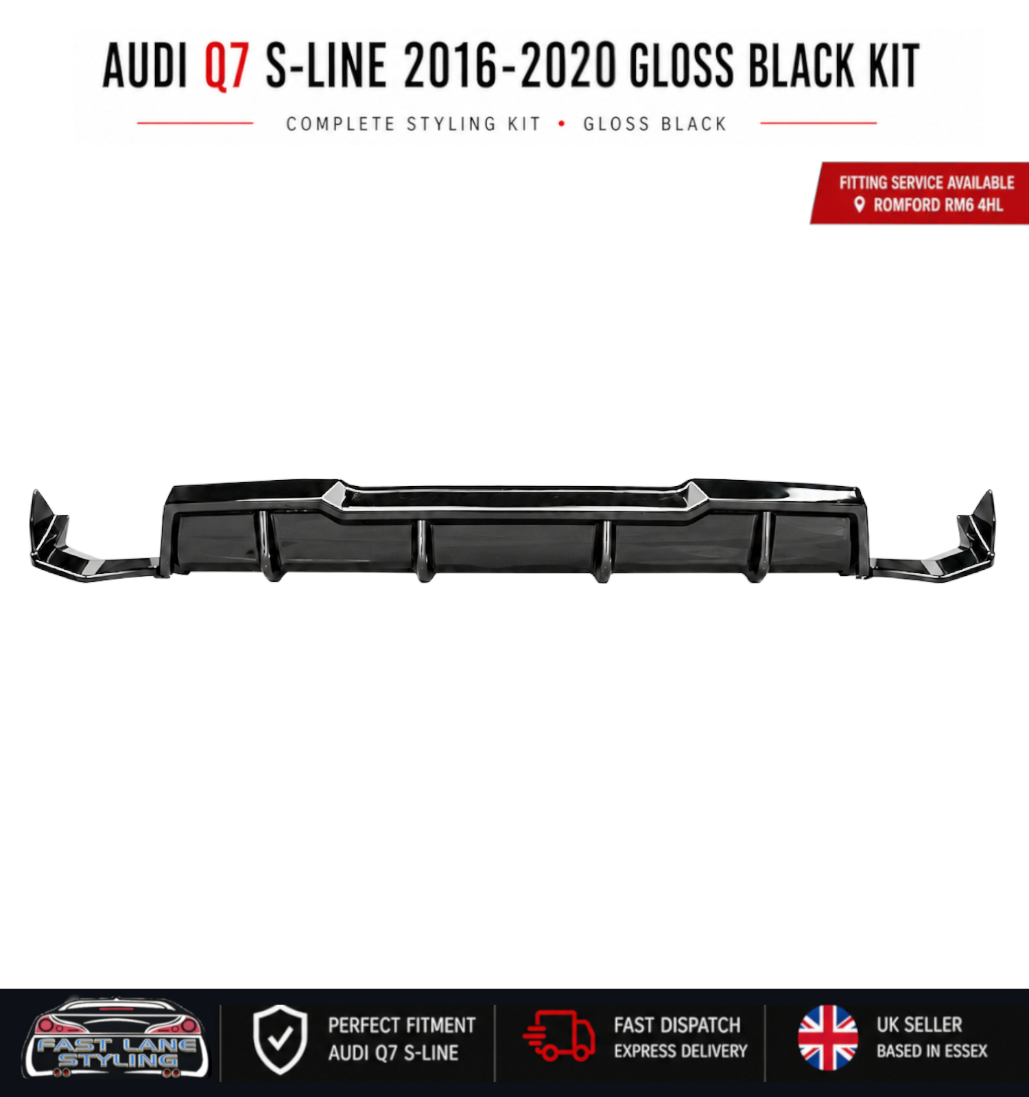 FOR AUDI Q7 S-LINE 2016-2020 GLOSS BLACK KIT SPLITTER DIFFUSER AND SPOILER - Image 5