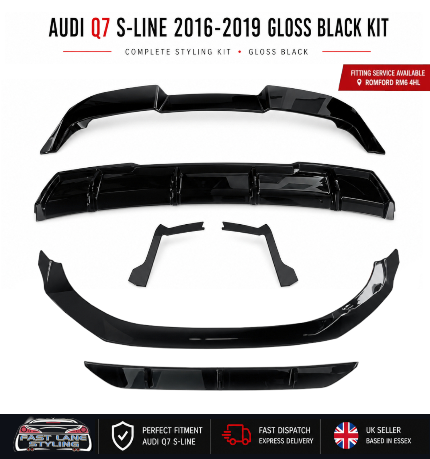 FOR AUDI Q7 S-LINE 2016-2019 GLOSS BLACK KIT SPLITTER DIFFUSER AND SPOILER